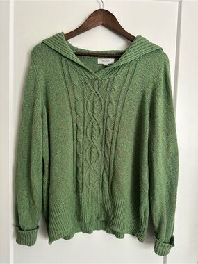 Dressbarn Green Cable Knit Hooded Sweater V-Neck Long Sleeve Cozy Casual